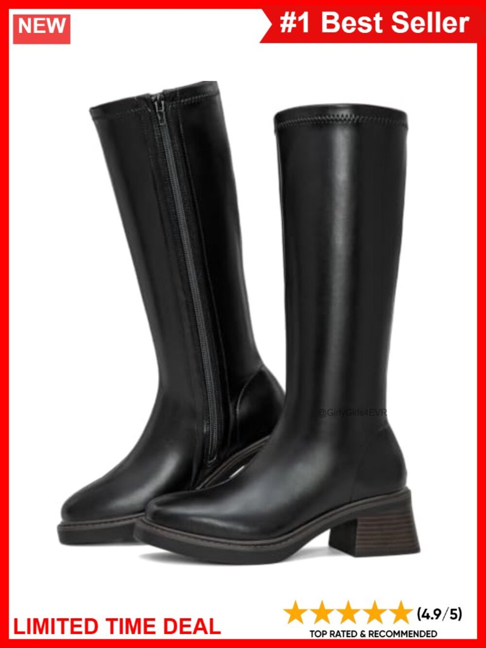 Women's Knee High Block Heel Square Toe Riding Boots Faux Leather